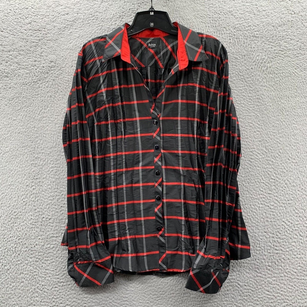 BELUVA Shirt Womens XL Button Up Blouse Top Plaid Long Sleeve Black Gray